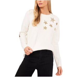 79$ CeCe Crew Neck Long Sleeve Star Sequin Sweater Size XXS Natural Ivory